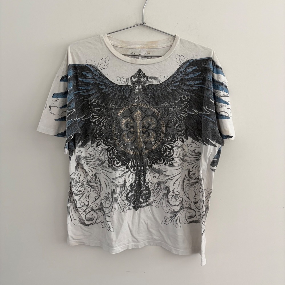 Xzavier Mens XL White Graphic T-Shirt Fleur De Lis Wings Tradition Faith Honor
